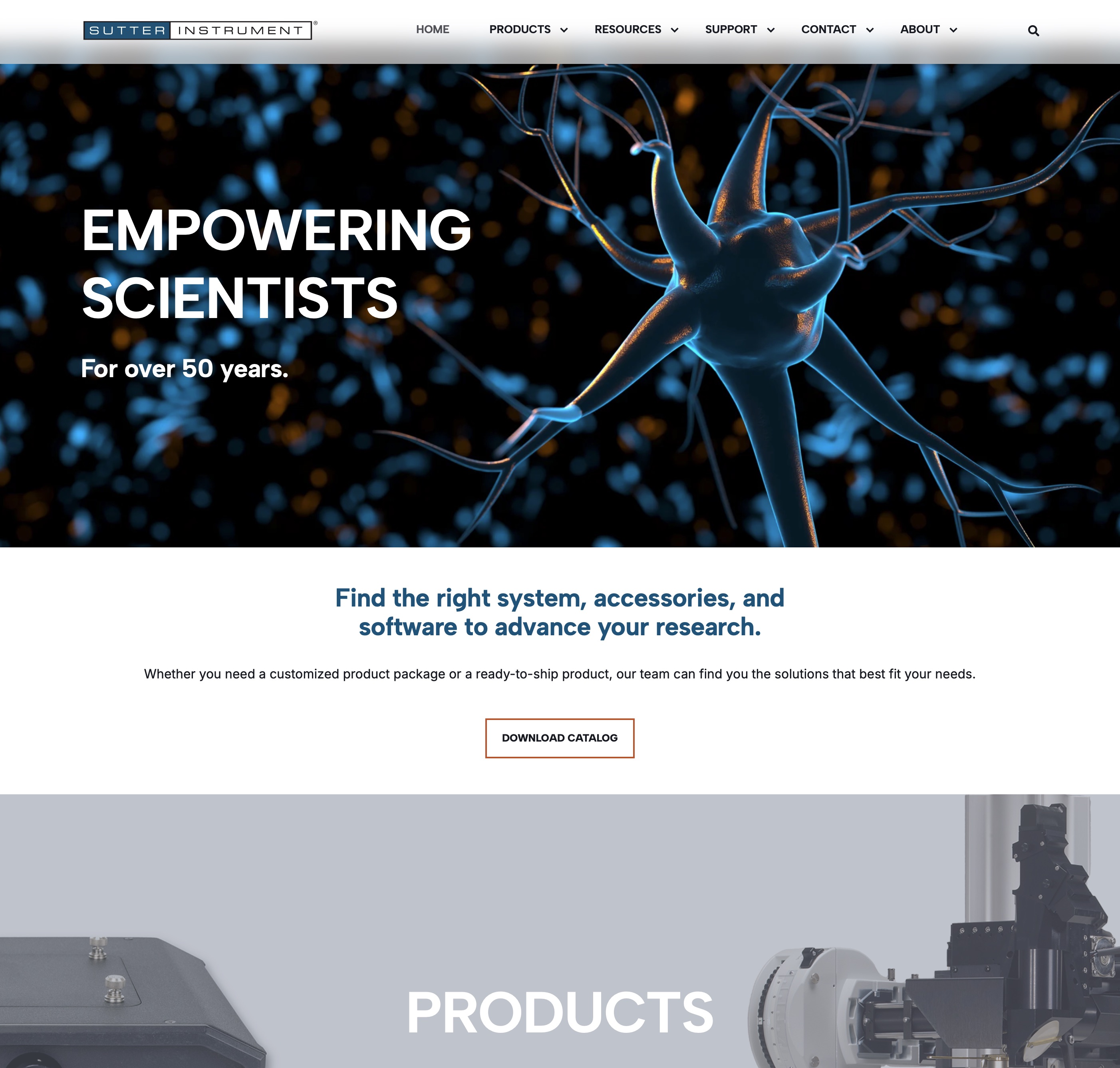 A website homepage featuring a large hero banner with a neuron as the background.